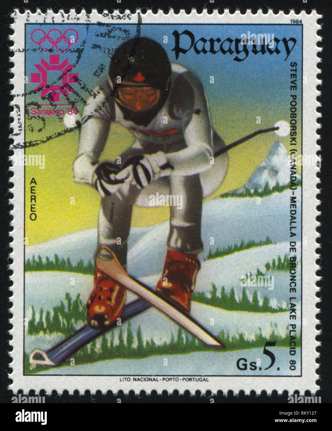 RUSSIA KALININGRAD, 19 APRIL 2017: stamp printed by Paraguay, shows Steve Podborski,  downhill skiing at Winter Olympics at Sarajevo, circa 1984 Stock Photo