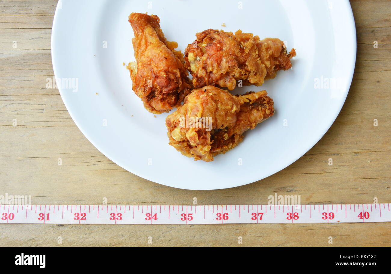 https://c8.alamy.com/comp/RKY182/fried-chicken-leg-and-measuring-tape-for-check-waistline-after-eat-RKY182.jpg