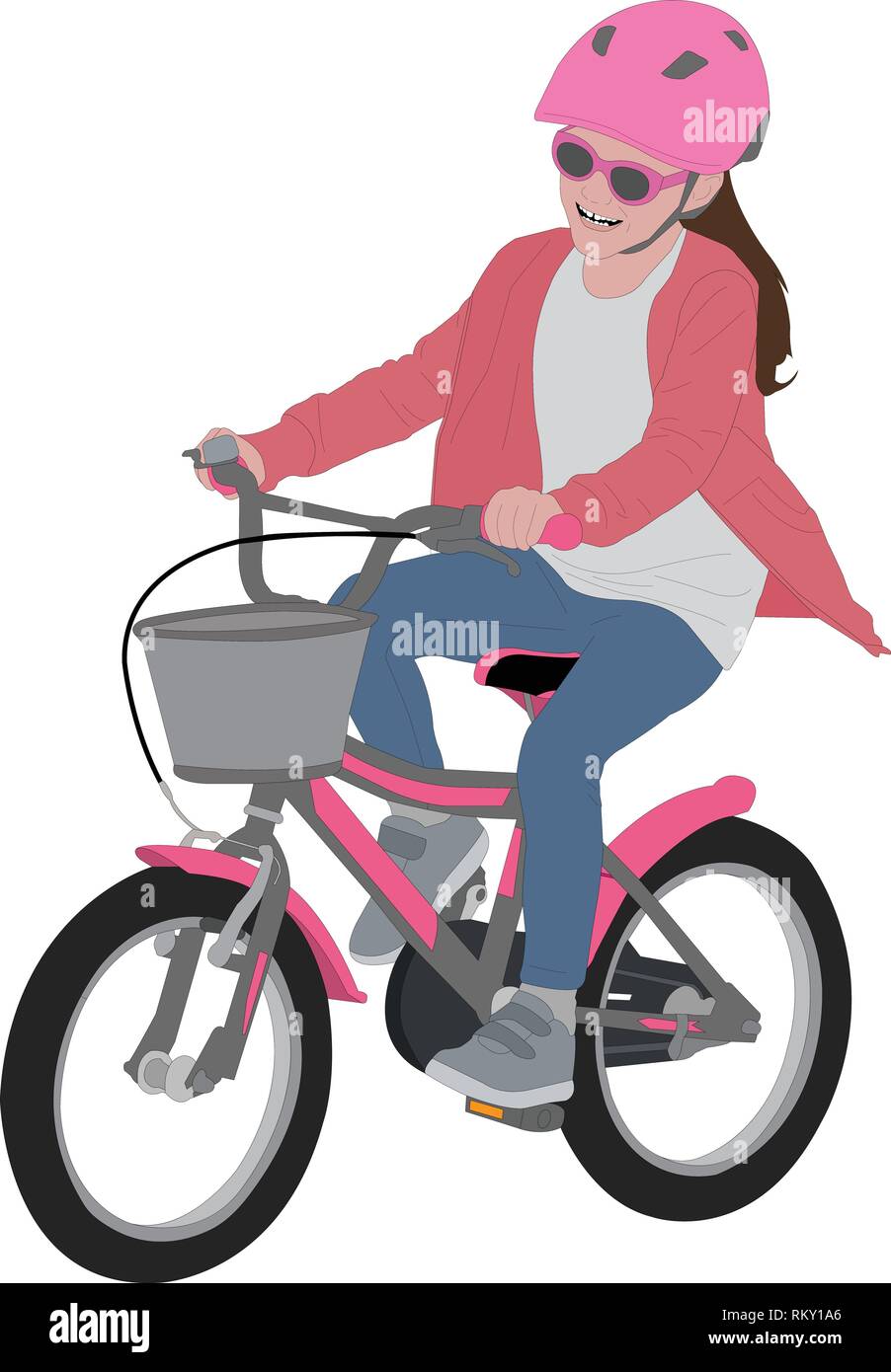 preschooler girl riding bicycle, detailed color illustration - vector Stock Vector