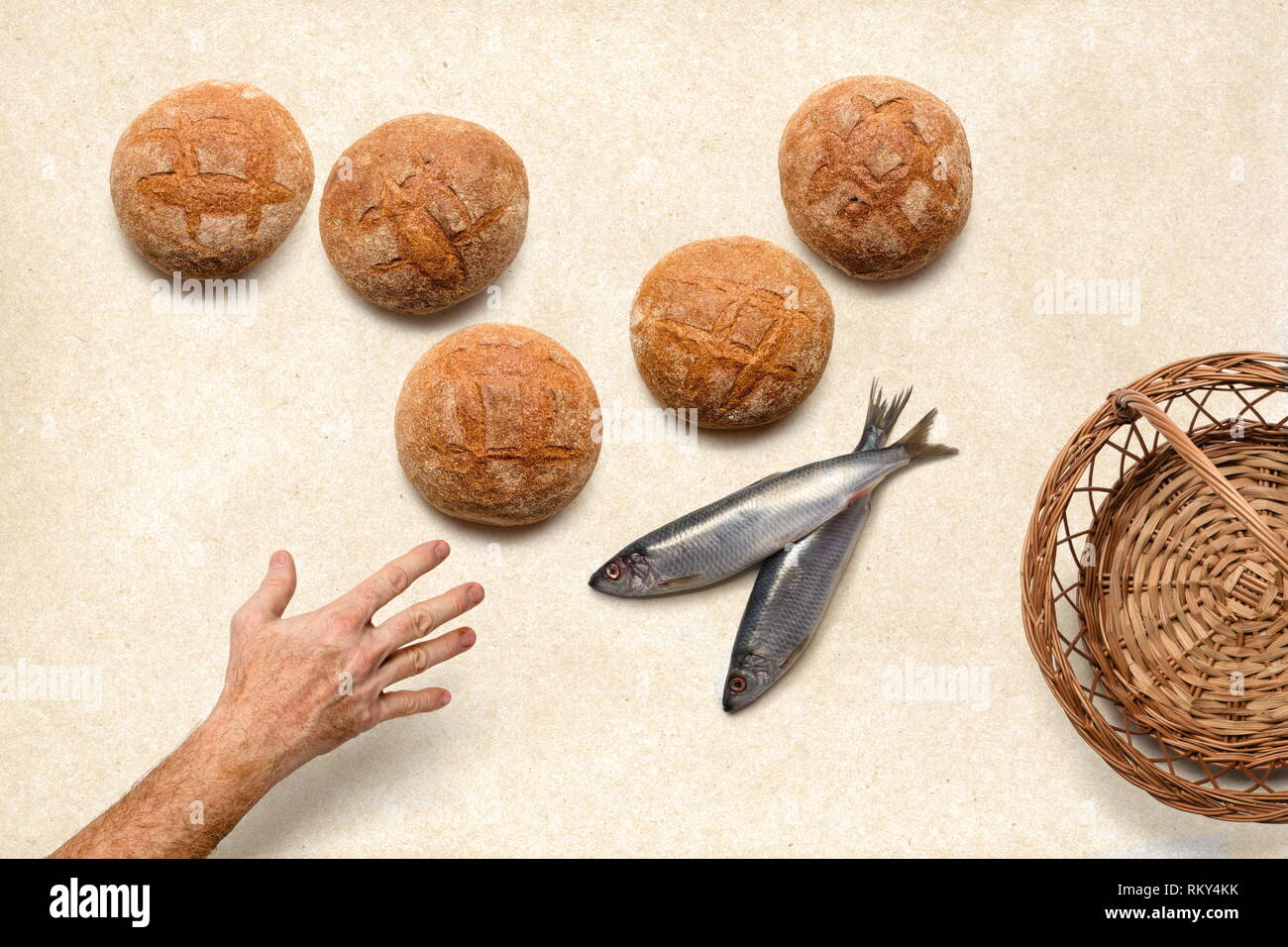 Hand stretched out after five 5 barks and two 2 fish removed from a wicker basket Stock Photo
