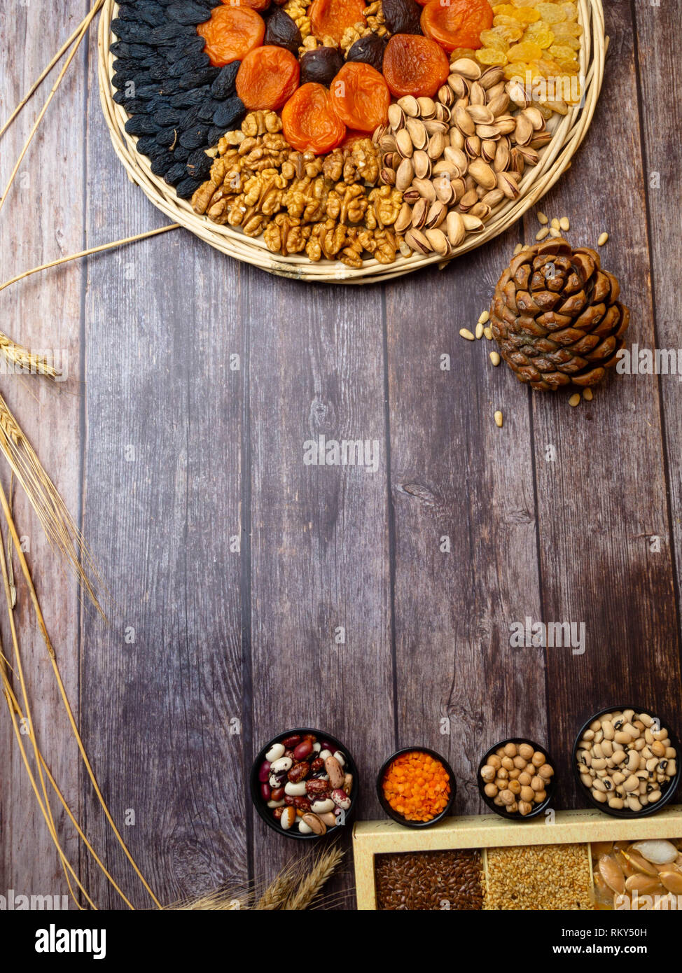High dietary fibre health food concept, nuts and seeds with foods high