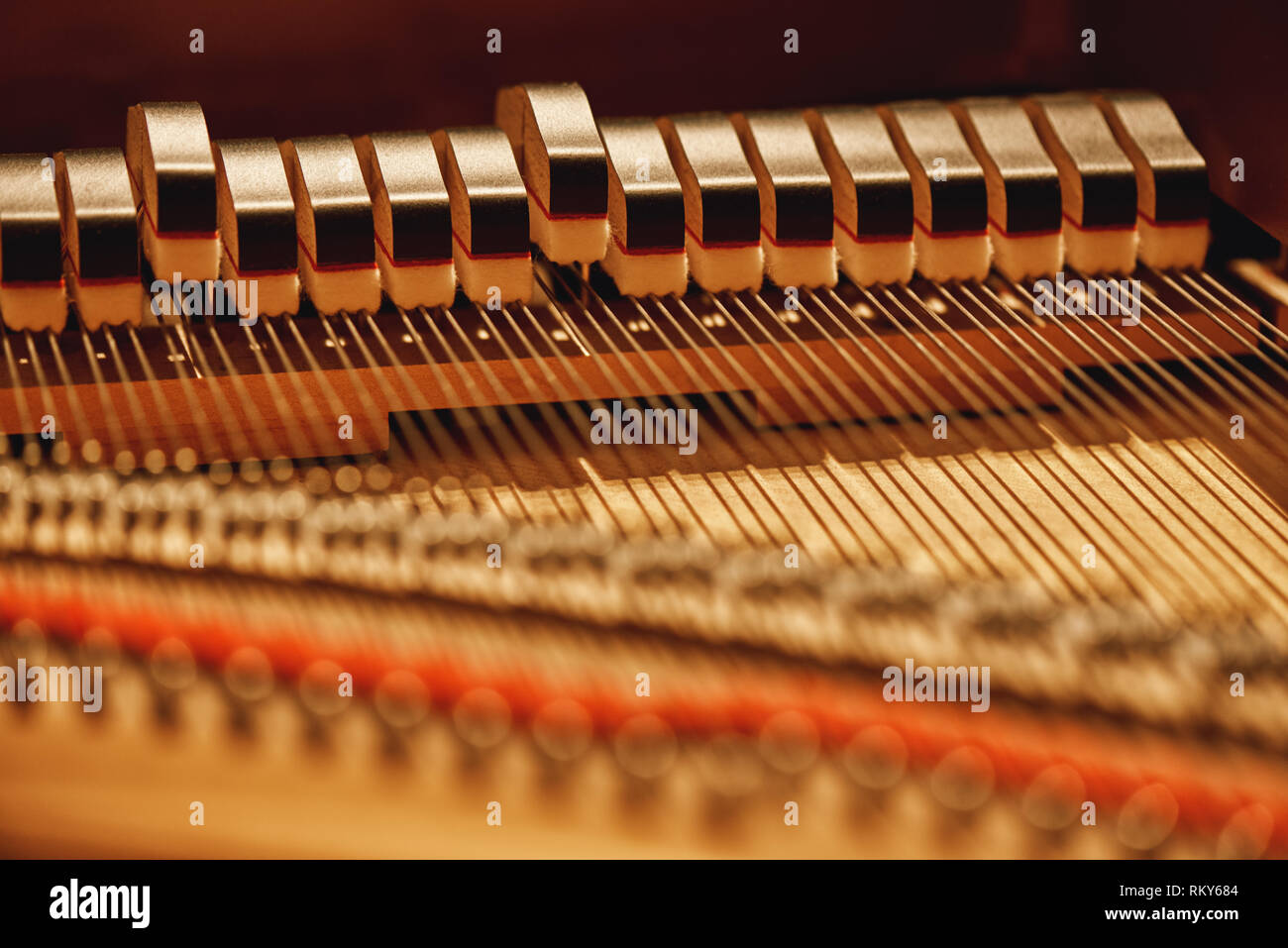 Inside of a piano. Close-up view of hammers and strings inside the piano.  Musical instruments. Piano tuning Stock Photo - Alamy