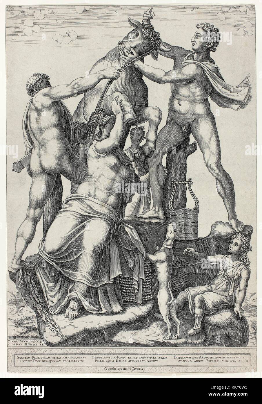 The Farnese Bull with Dirce, Zethus and Amphion - 1581 - Diana Scultori Italian, c. 1536–c. 1590 - Artist: Diana Scultori, Origin: Italy, Date: 1581, Stock Photo