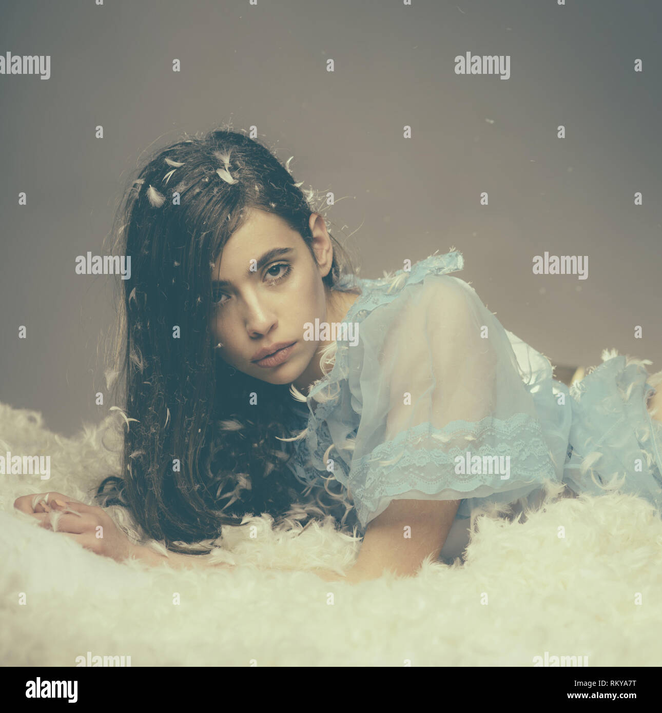 Dressed for pajamas party. Young woman in sleep wear. Wearing pajamas