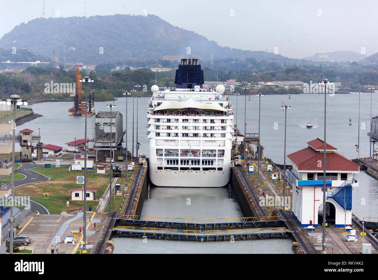 The cruise ship just passed one of Panama Canal locks and entering ...