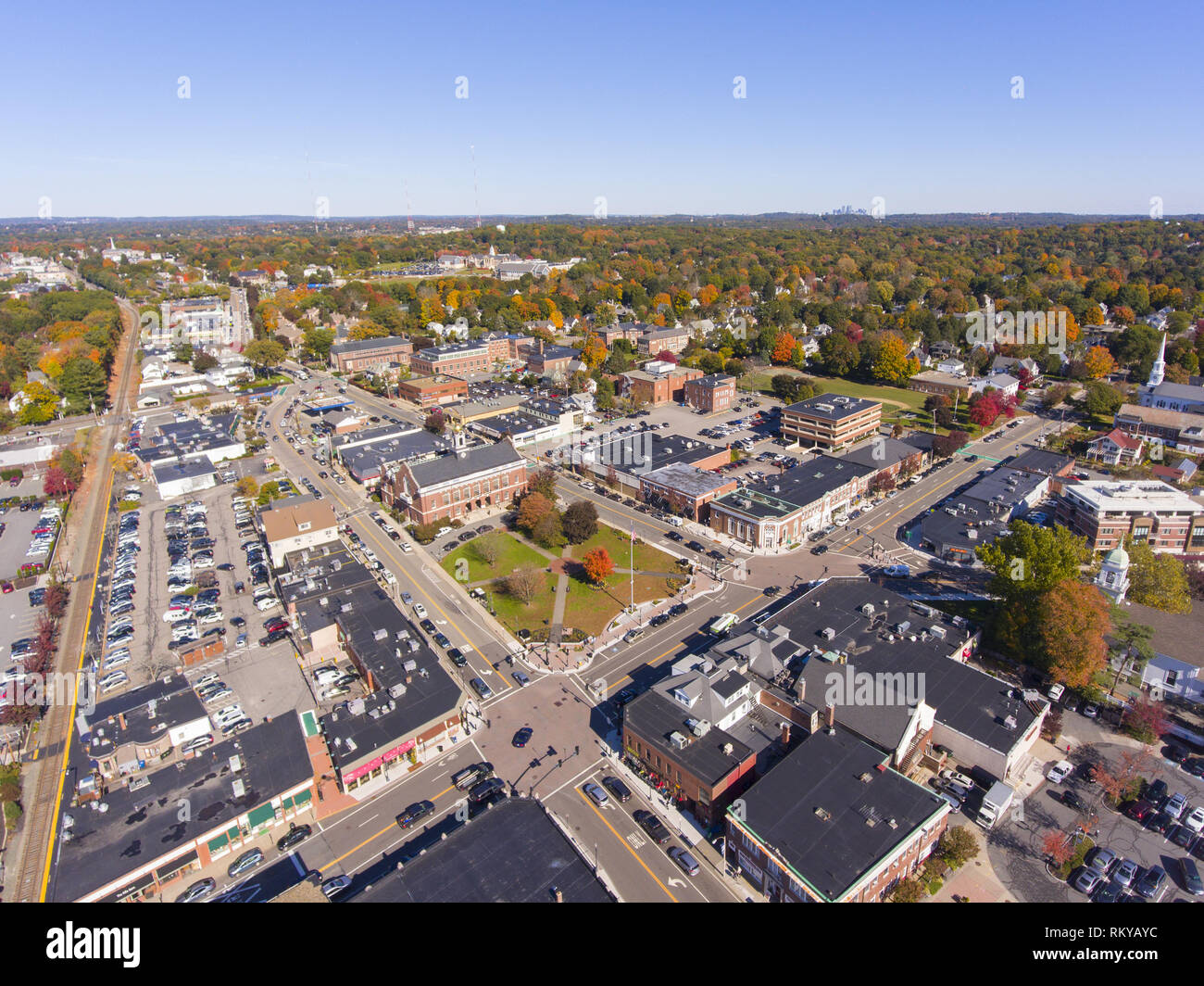 Town Hall and Historic building aerial view in Needham, Massachusetts, USA. Stock Photo