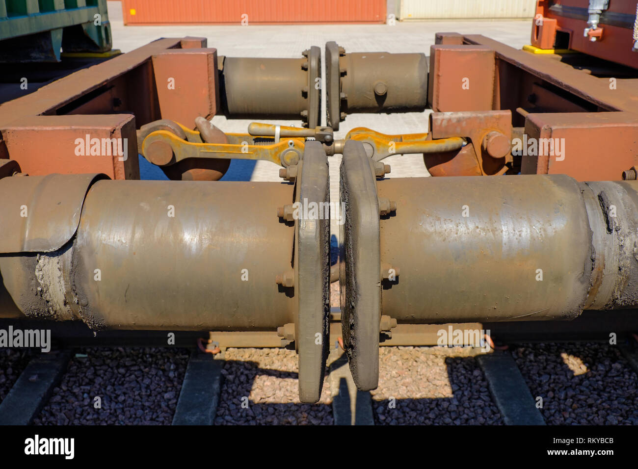 Bumper and coupling on a railway car Stock Photo