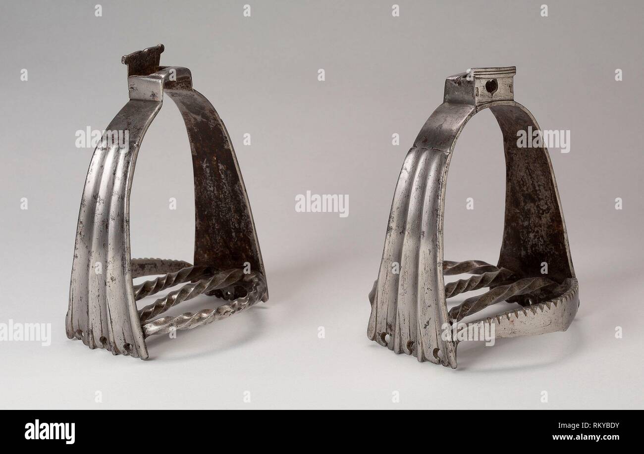 Pair of Stirrups - 19th century in early 16th century German style - German - Origin: Germany, Date: 1800–1900, Medium: Iron. Stock Photo
