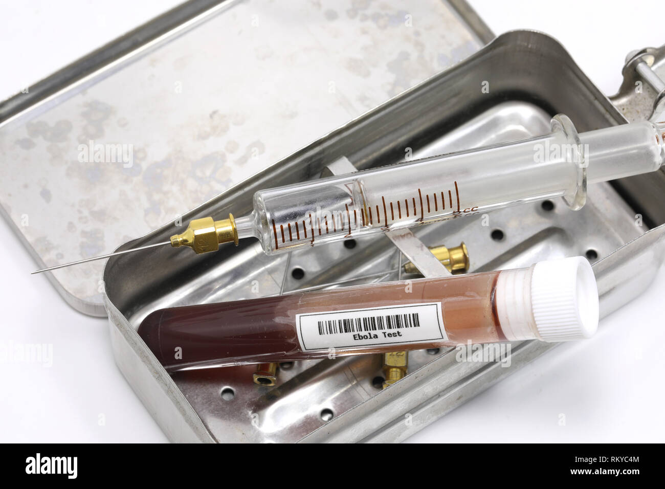metal case with syringe and test tube with label bar code. In the code is wirten EBOLA VIRUS Stock Photo