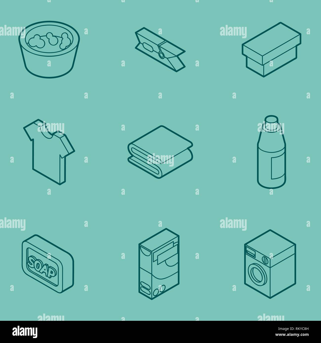 Laundry flat outline isometric icons. Vector illustration, EPS 10 Stock Vector
