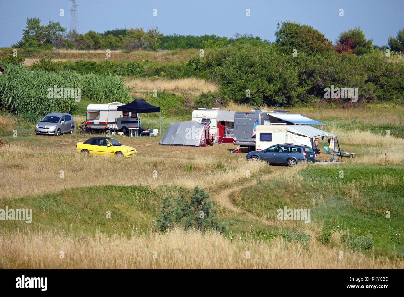 NIN, CROATIA - JUNE 24, 2011: Camping in nature near the Queen's beach in  Nin in the early summer Stock Photo - Alamy