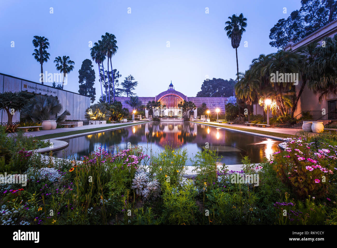 Early morning view of the Lily Pond and Botanical Building in Balboa Park in San Diego in California. Stock Photo