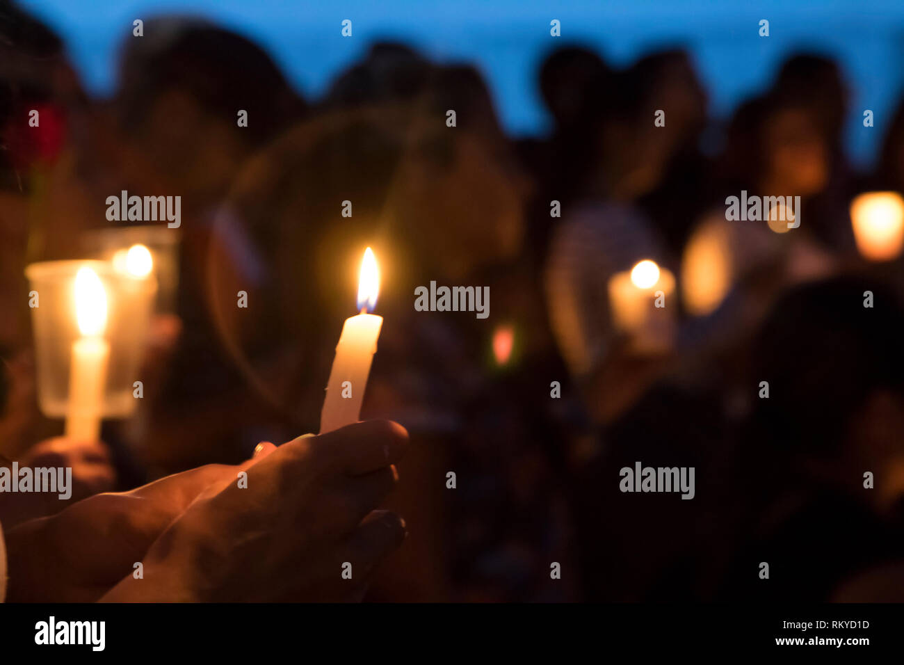 People with candles in their hands.  On July 6, 2018, a vigil was held in 25 cities of Colombia and the world as a form of protest for the murder of s Stock Photo