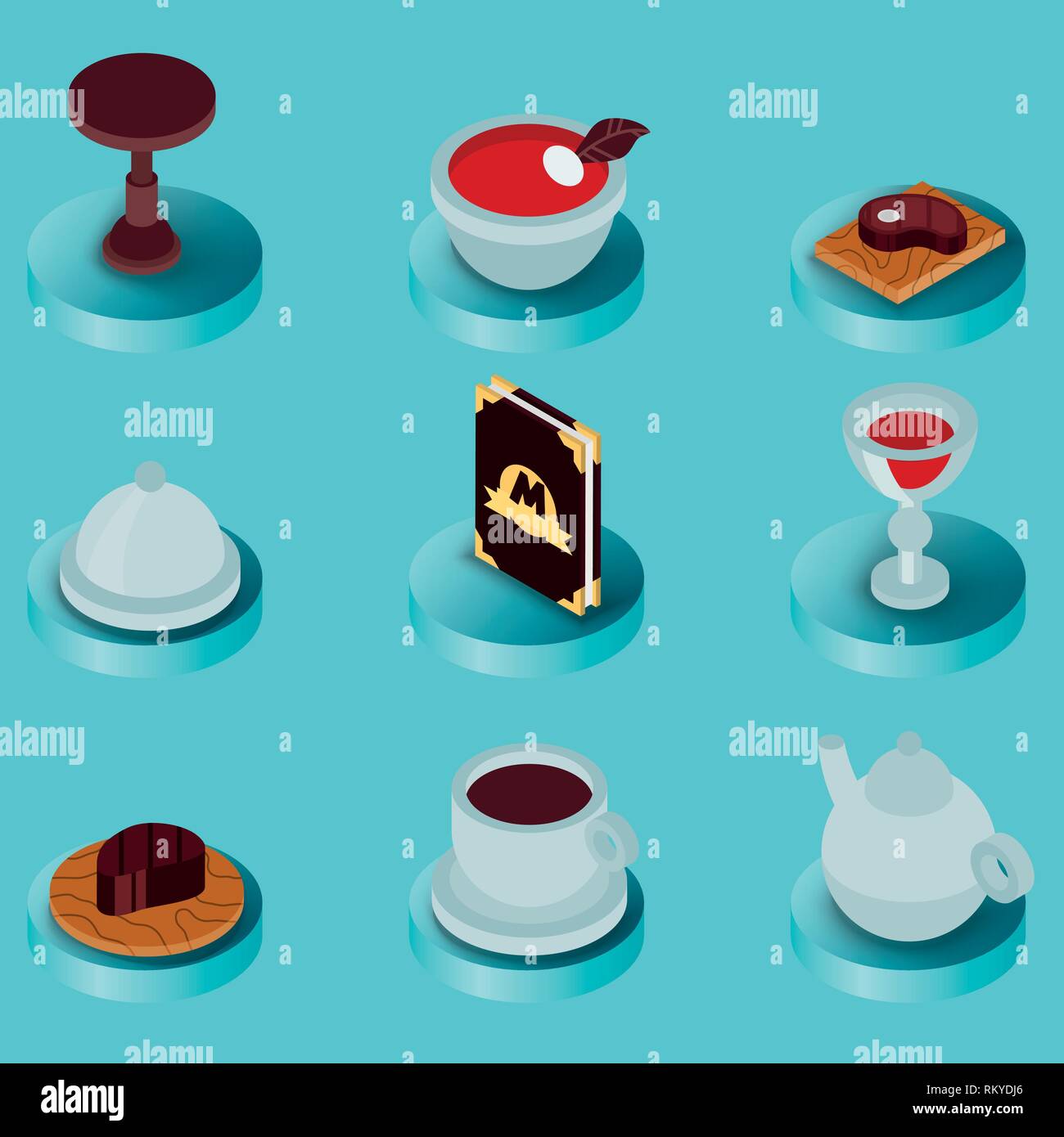 Restaurant flat isometric icons. Vector illustration, EPS 10 Stock Vector