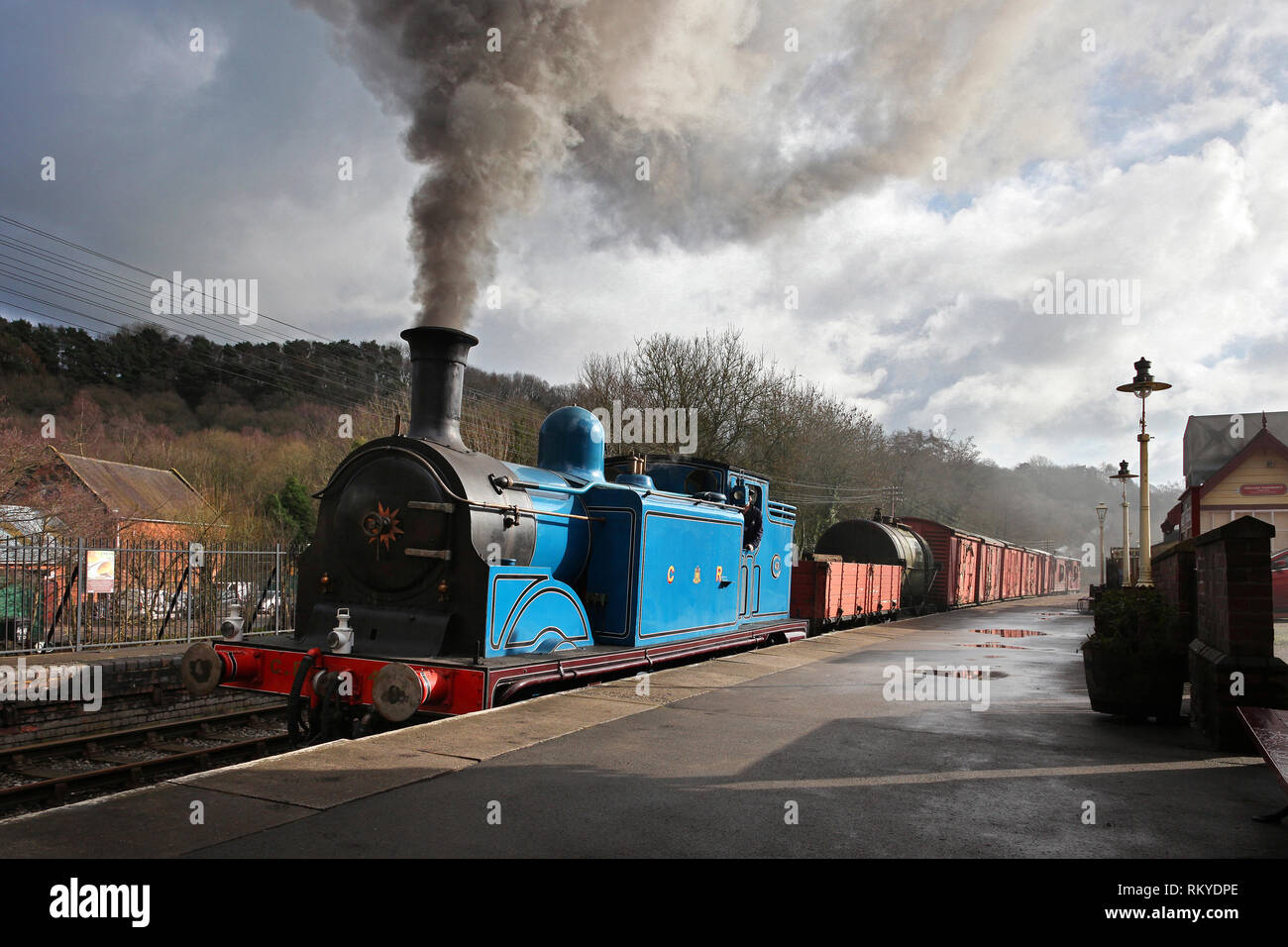 Caley tank 419 pauses at Kingsley & Froghall station on a mixed freight. Stock Photo