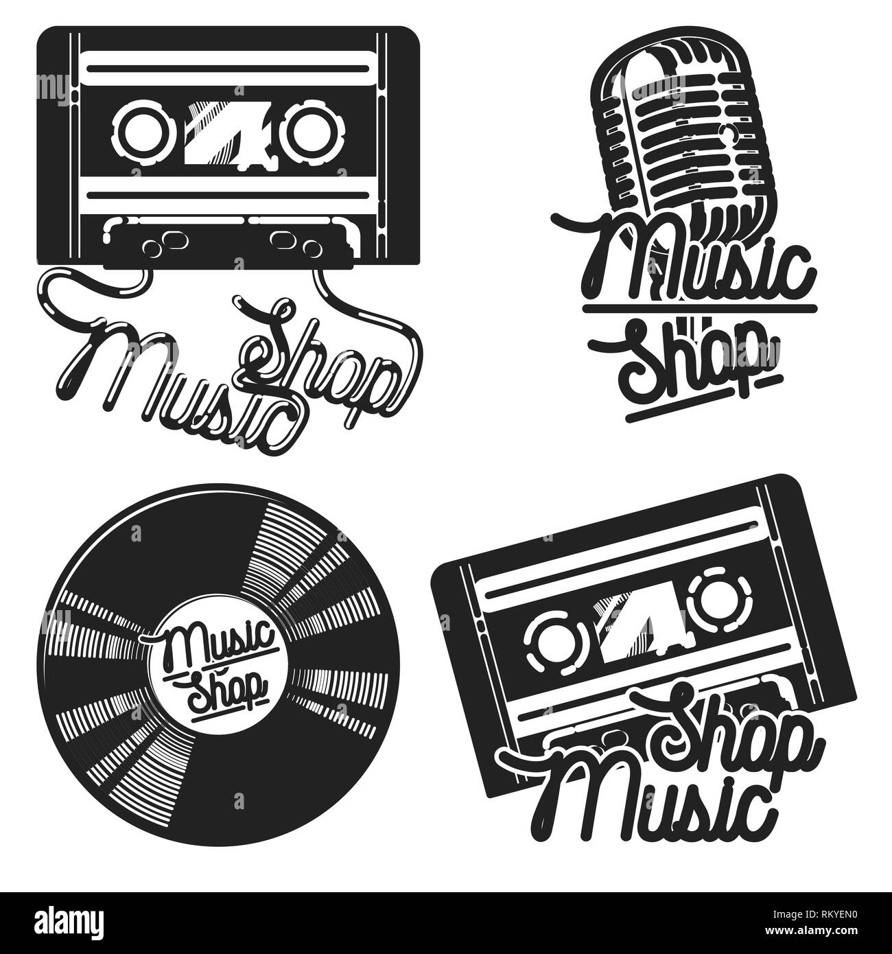 Vintage music shop emblems for use music store, record studio, sound
