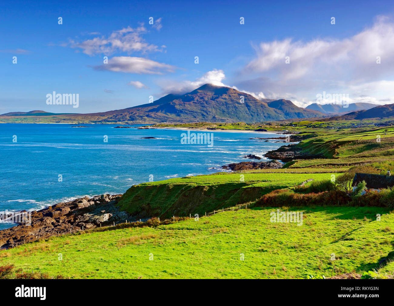 A sunny view of the Renvyle Peninsula on the west coast of Ireland. Stock Photo
