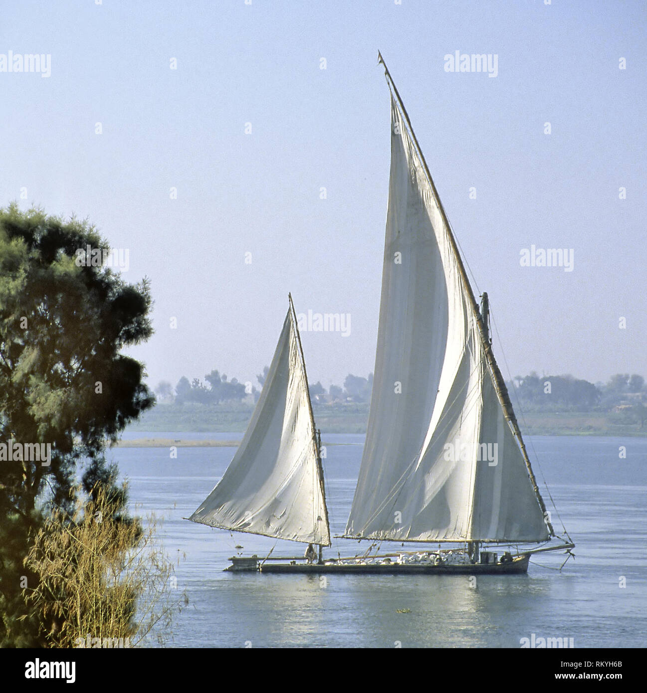 Egyptian felluca going down the Nile with clear blue sky Stock Photo