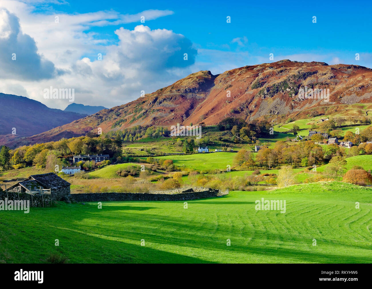A sunny autumn view of the distinctive Cumbrian landscape near Coniston. Stock Photo