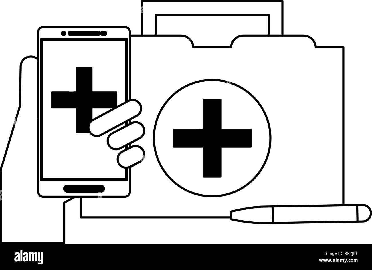 medical first aids suitcase and smartphone with app black and white