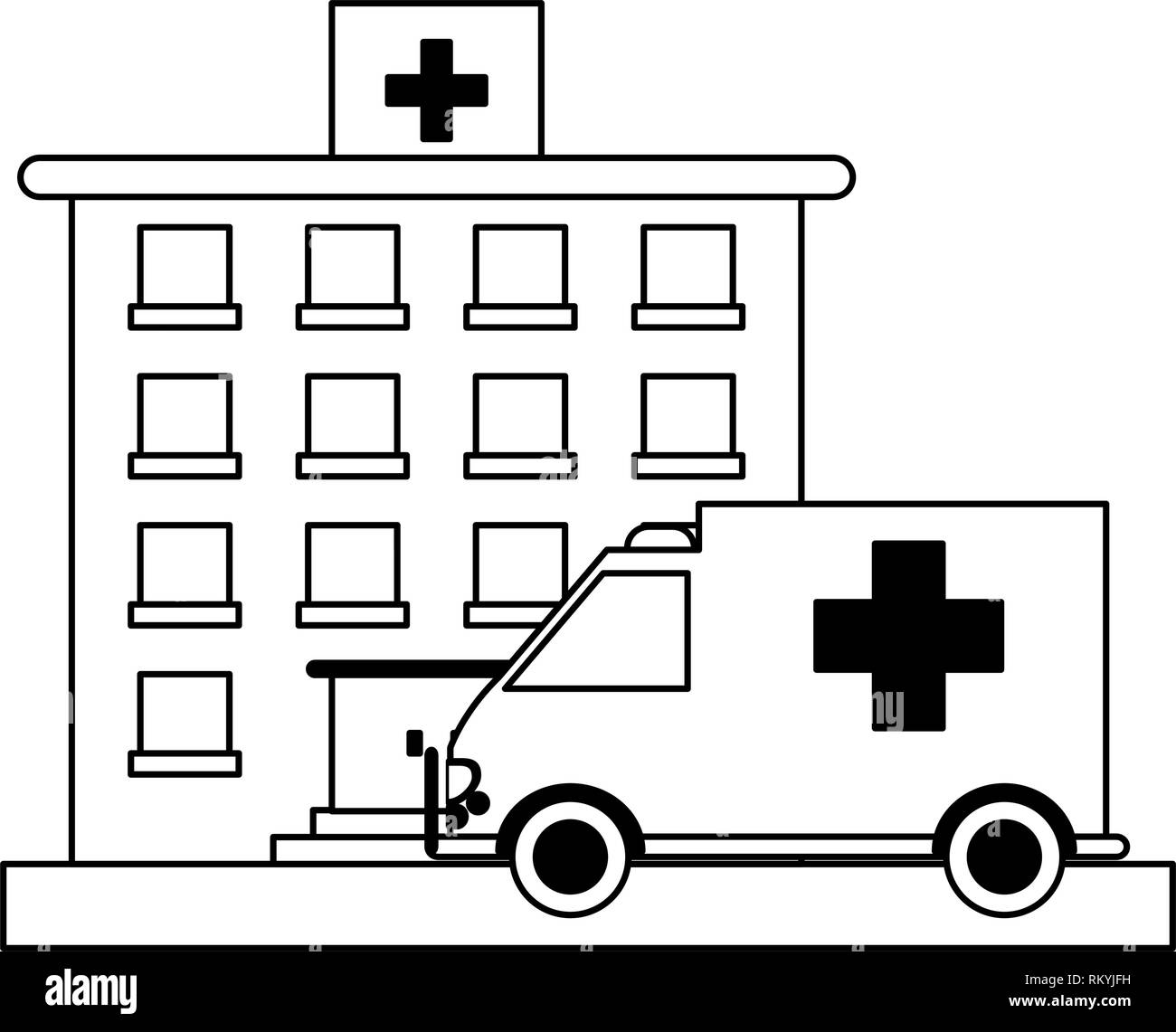 hospital building and ambulance black and white Stock Vector Image