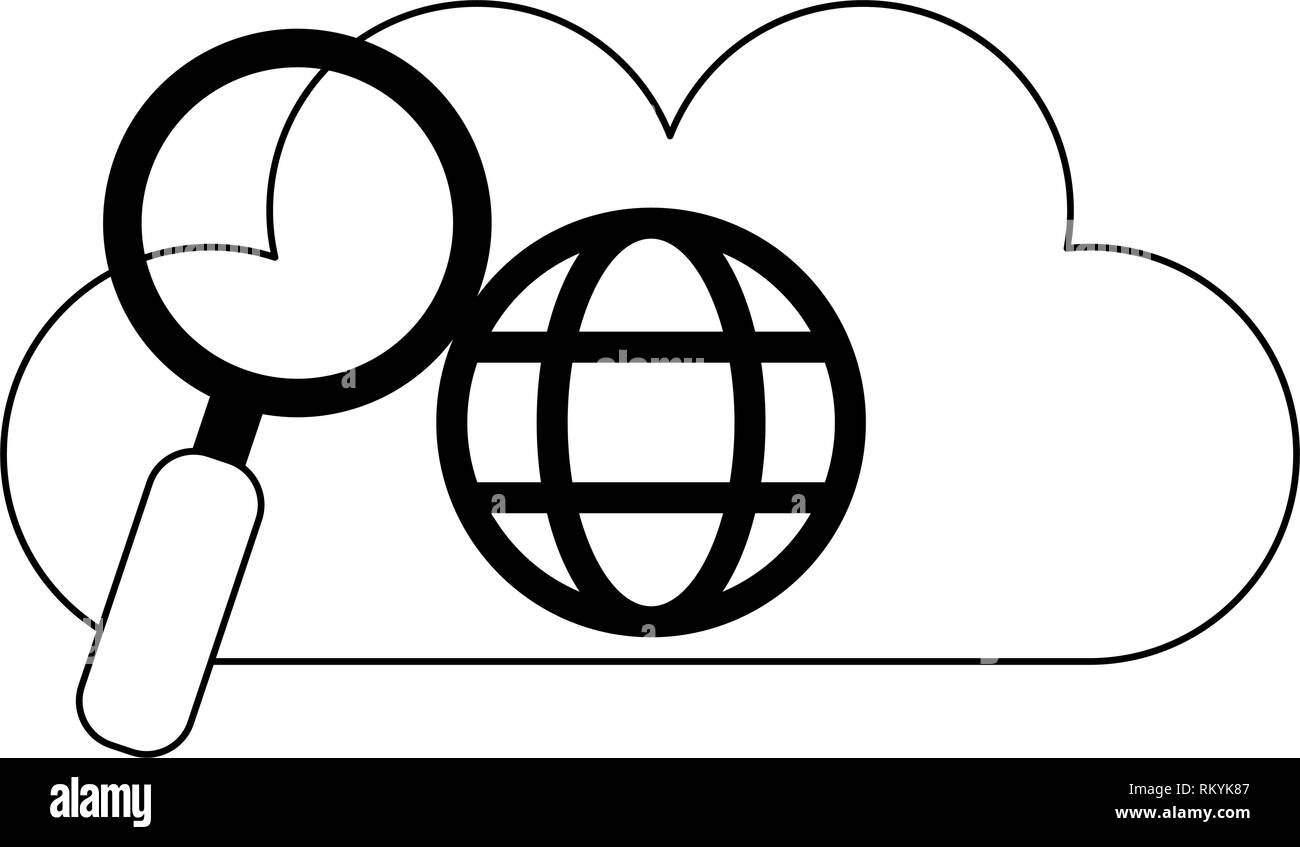 cloud computing and magnifying glass black and white Stock Vector Image ...