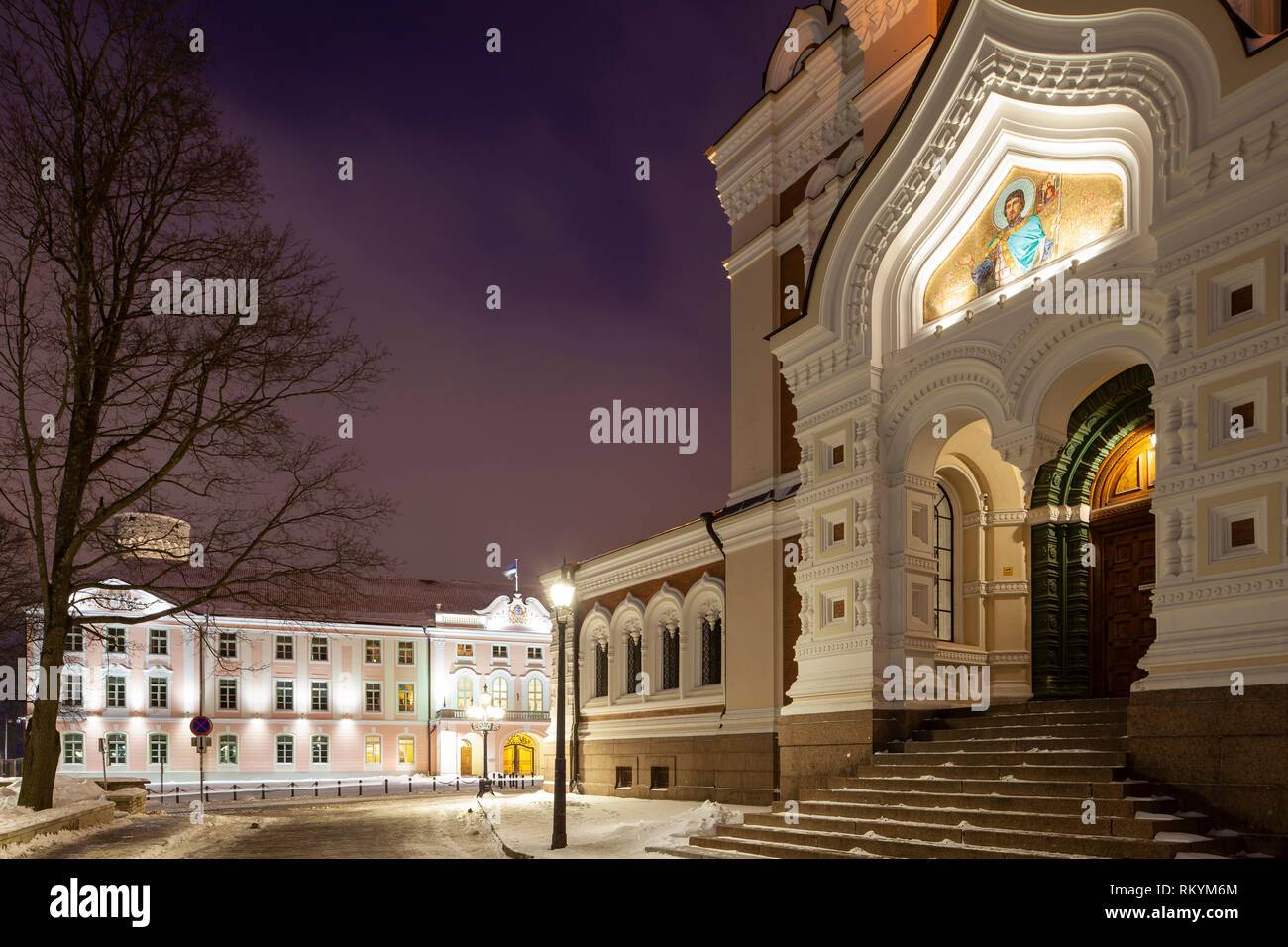 Winter dawn at the entrance to Alexander Nevsky orthodox church in Tallinn old town. Stock Photo