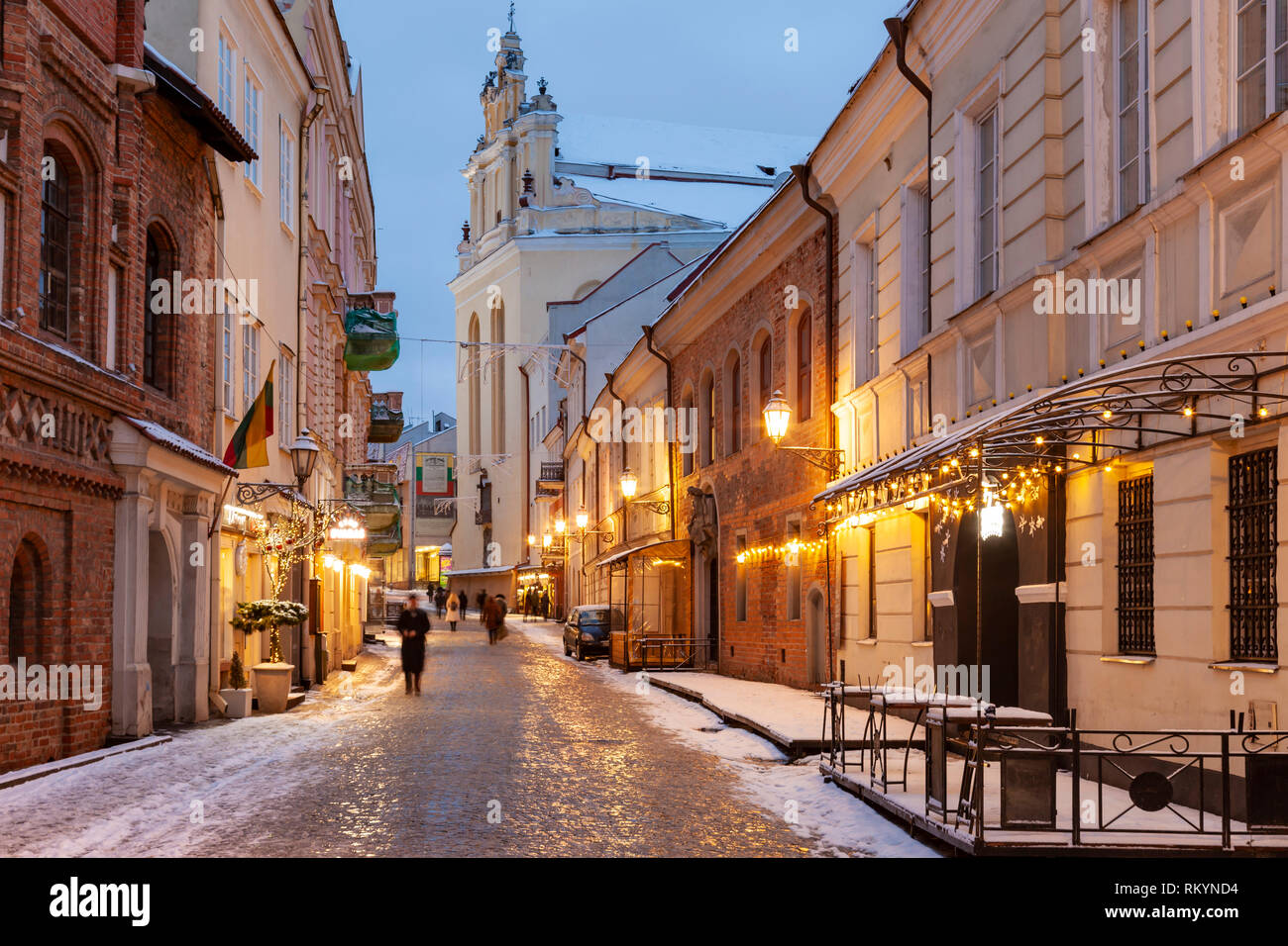 Winter evening in Vilnius old town. Stock Photo