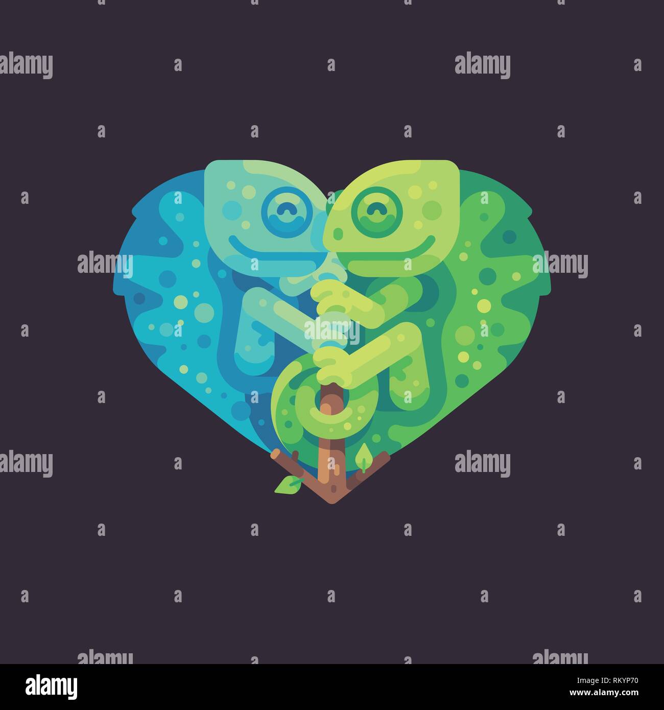 Two cute chameleons on a branch in the shape of a heart. Valentine's Day flat illustration. Stock Vector
