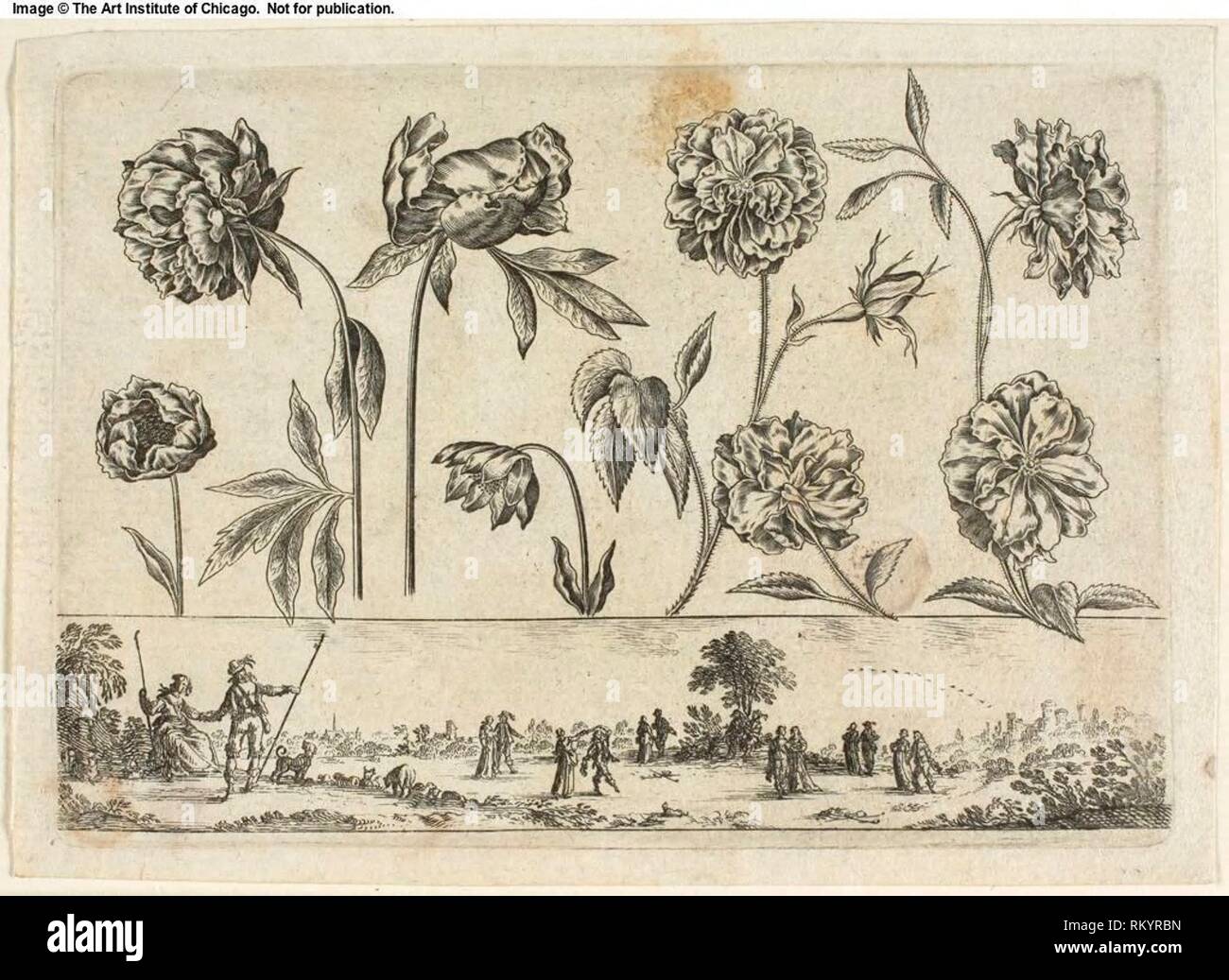 Flowers and Landscape, from Livre Nouveau de Fleurs Tres-Util - 1645 - Nicolas Cochin (French, 1610-1686) published by Balthasar Moncornet (French, Stock Photo