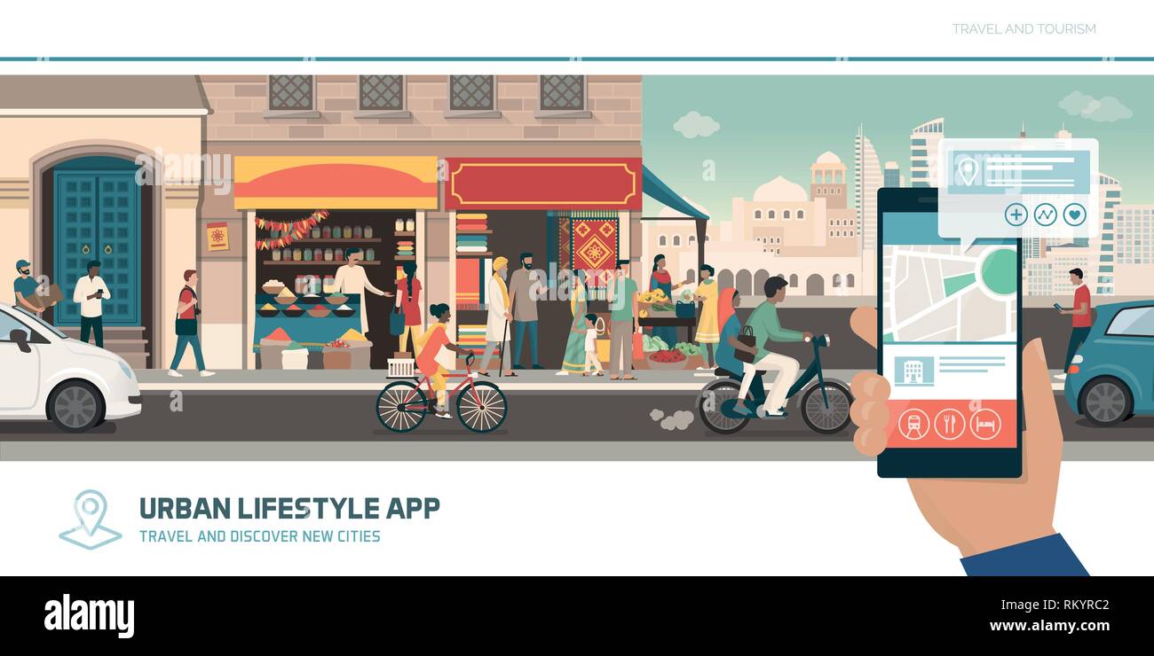 Tourism app, navigation and global connections: tourist traveling to India and using maps on his smartphone to find locations Stock Vector
