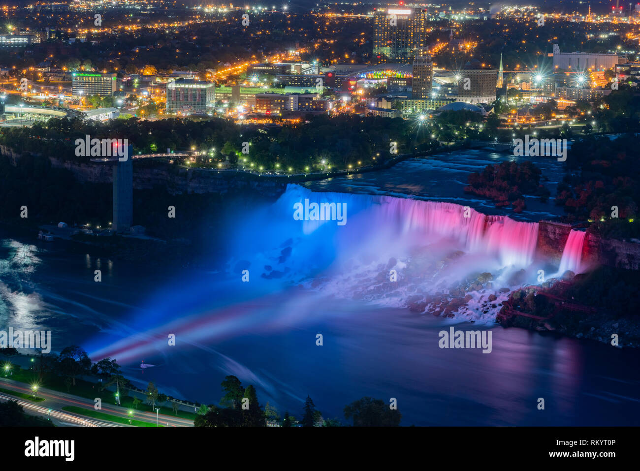 Night Aerial view of light up of the beautiful Niagara Falls at Canada