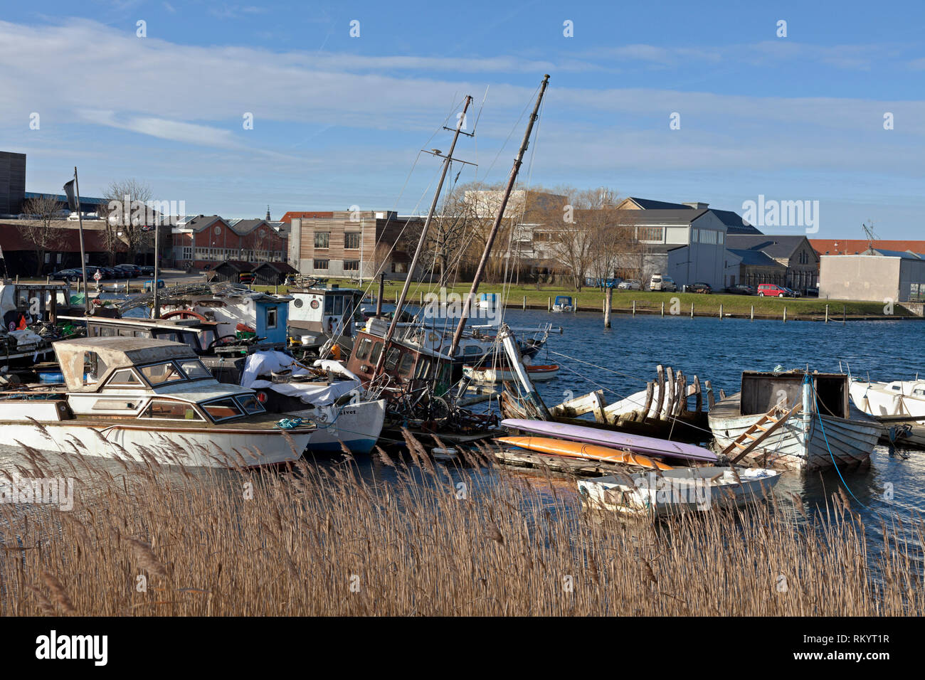 Fredens Havn, Harbour of Peace behind the freetown Christiania in Copenhagen. This maritime community is now up for removal according to authorities. Stock Photo