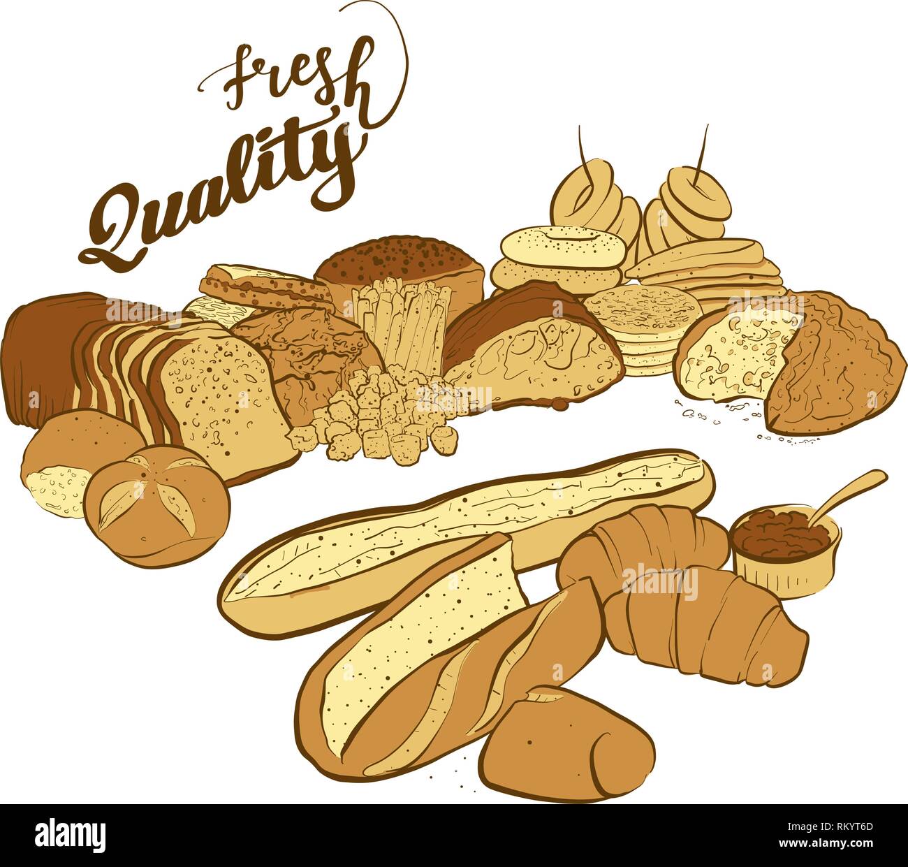 set of breads with fresh quality title, hand-drawn vector sketch Stock Vector