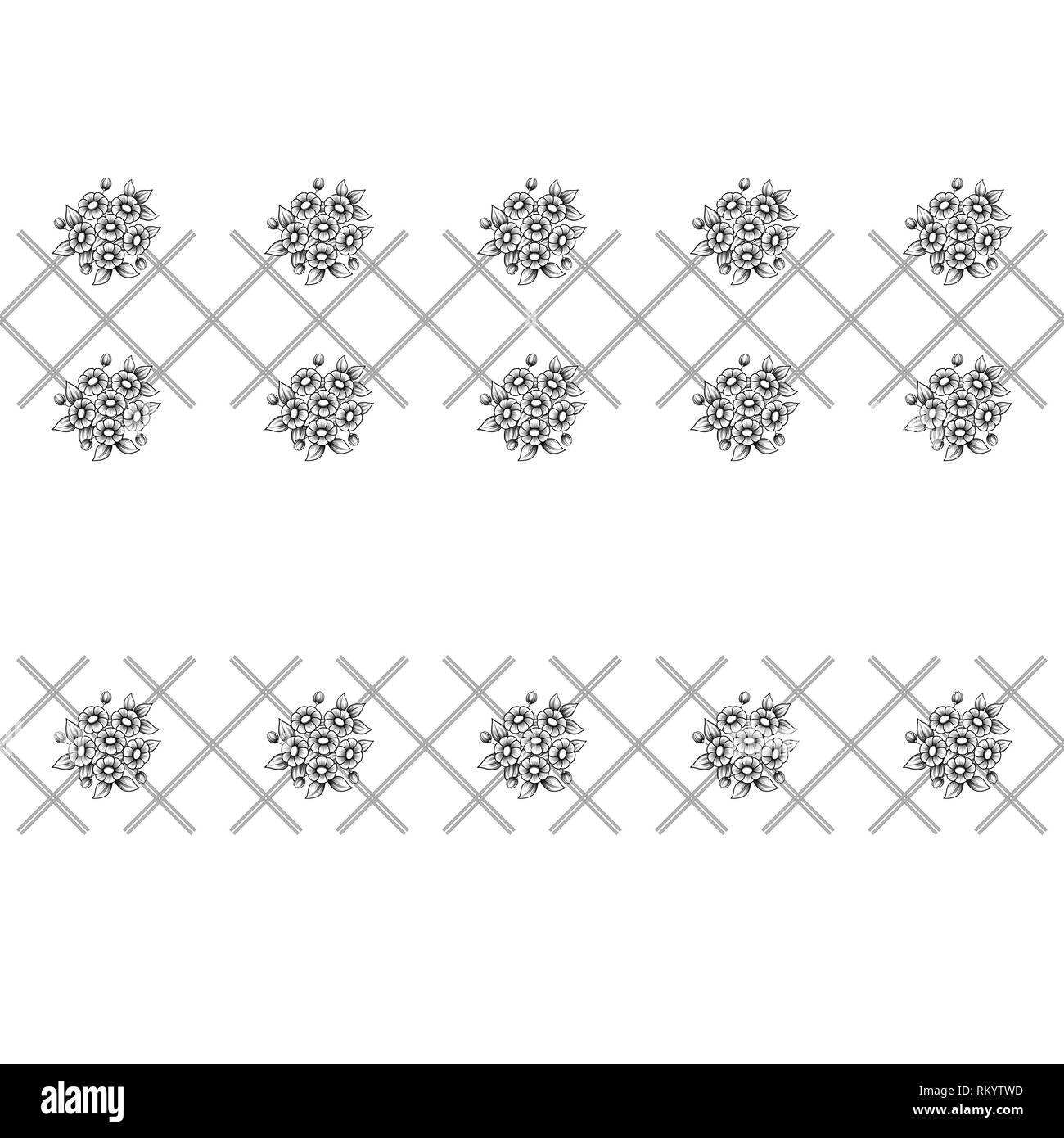 Set of two seamless black outline fence with floral elements Stock Vector