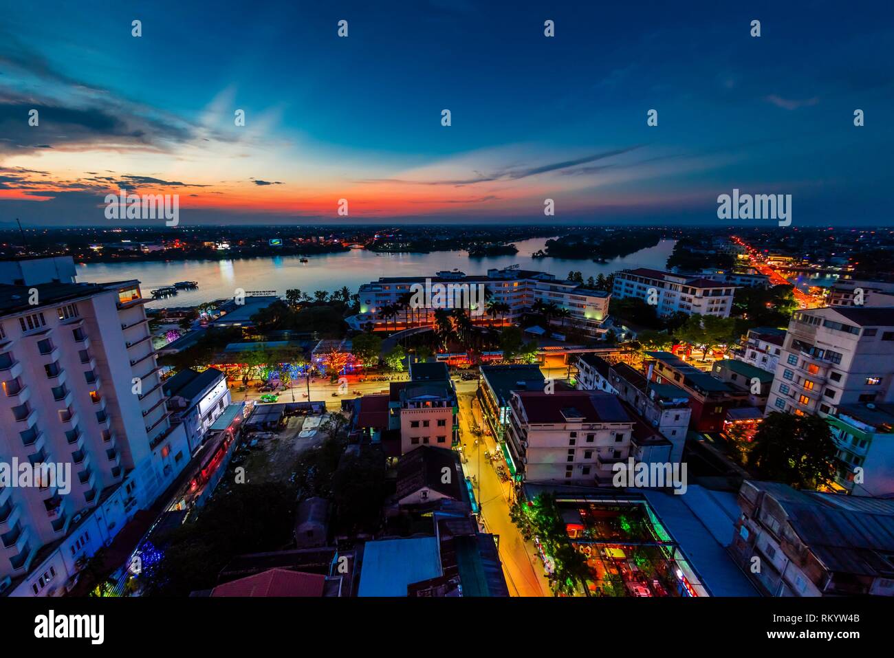 High angle view of the Perfume River at twilight, Hue, Central Vietnam. Stock Photo
