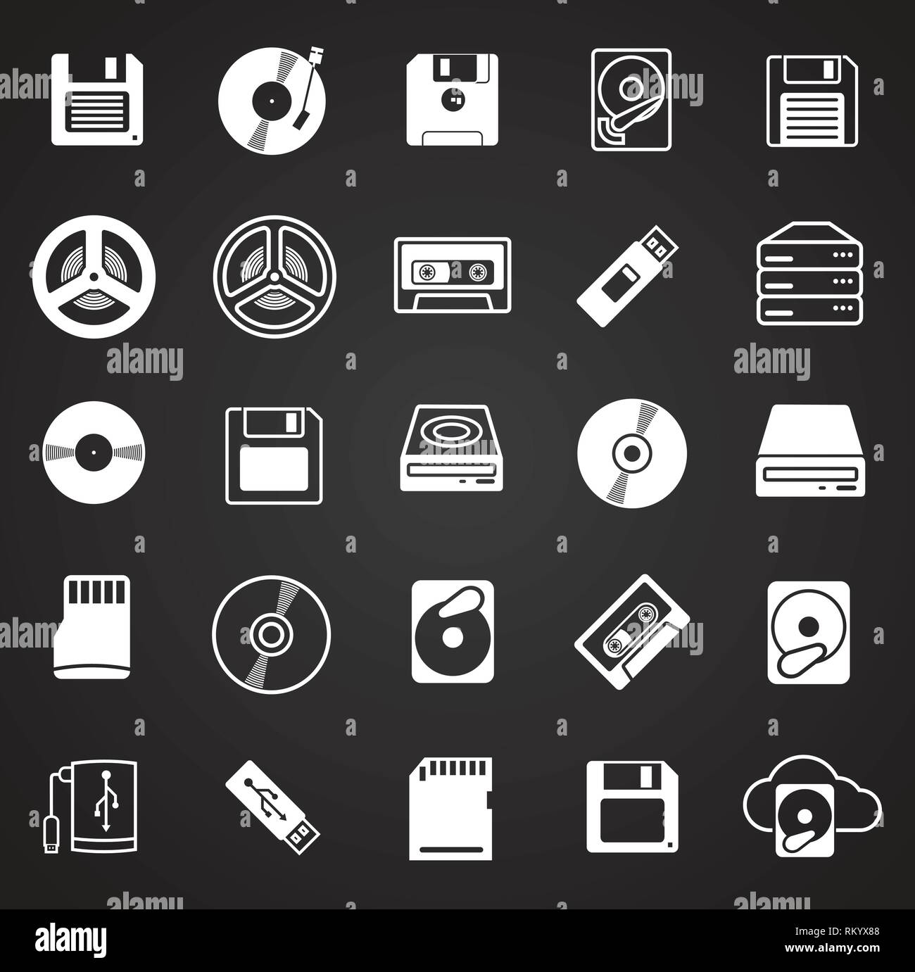 Data device icons set on black background for graphic and web design, Modern simple vector sign. Internet concept. Trendy symbol for website design web button or mobile app. Stock Vector
