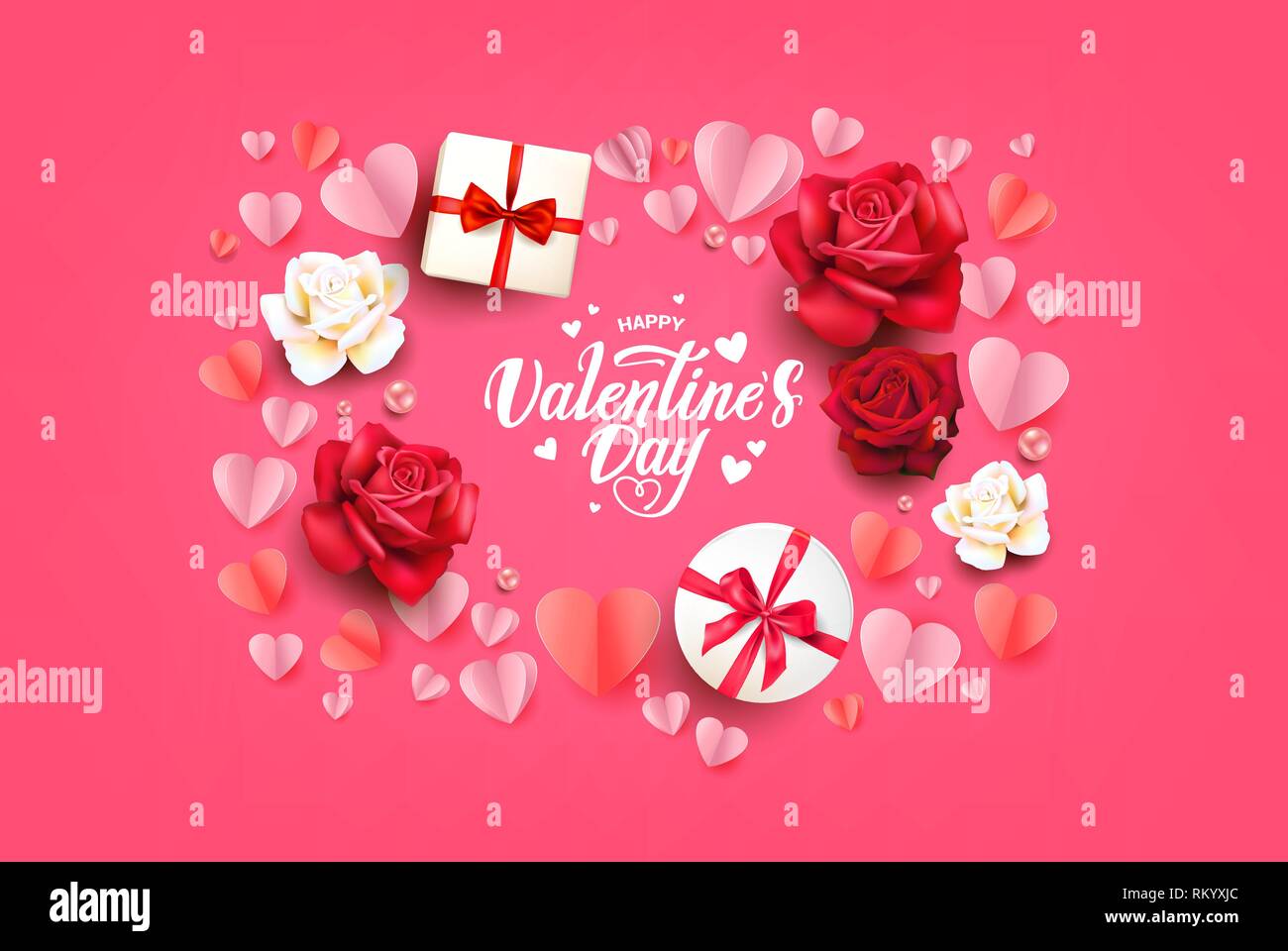 Happy valentines day greeting card with roses, hearts shape elements ...