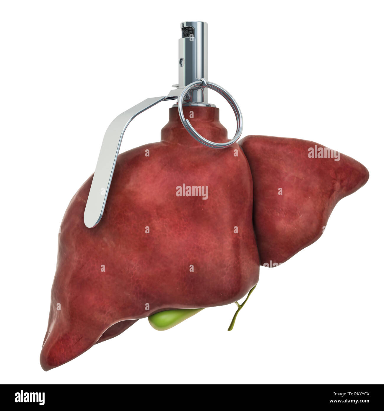 Pain in liver, liver disease concept. Human liver as hand grenade. 3D rendering isolated on white background Stock Photo
