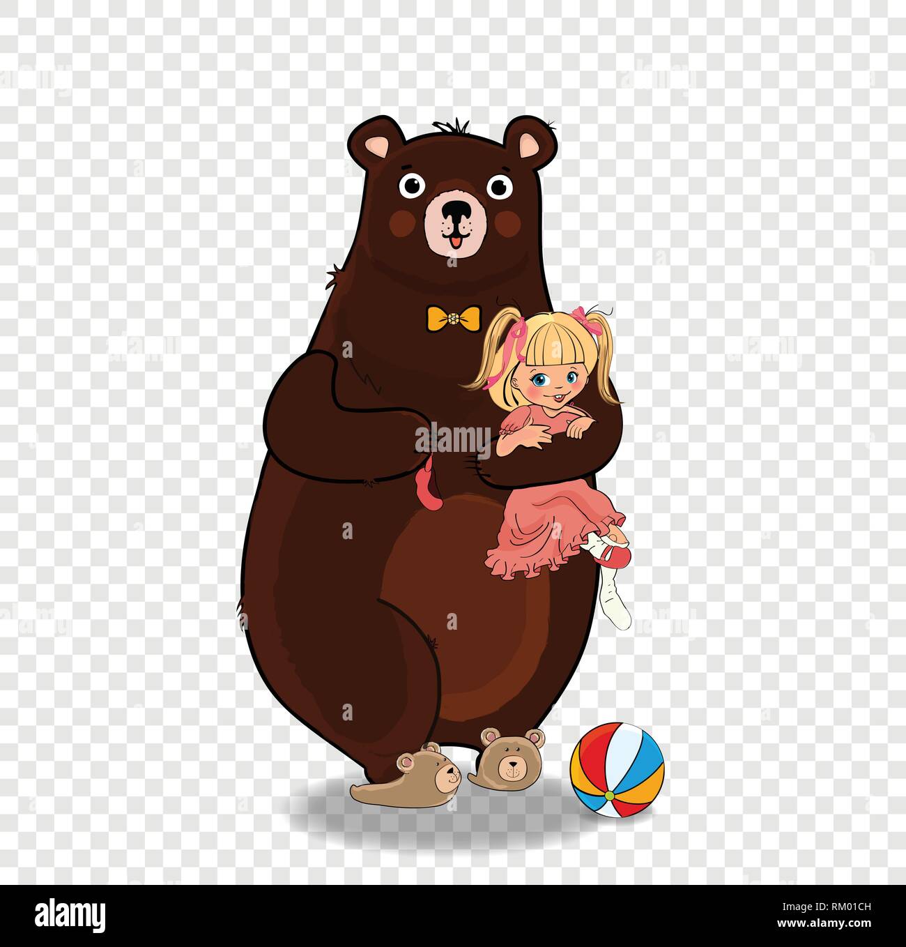 Cute Teddy Bear Wear Neck Tie and Slippers Hugging and Hold in Paws Little Kawaii Barefoot Baby Girl in Pink Princess Dress Isolated on Transparent Ba Stock Vector