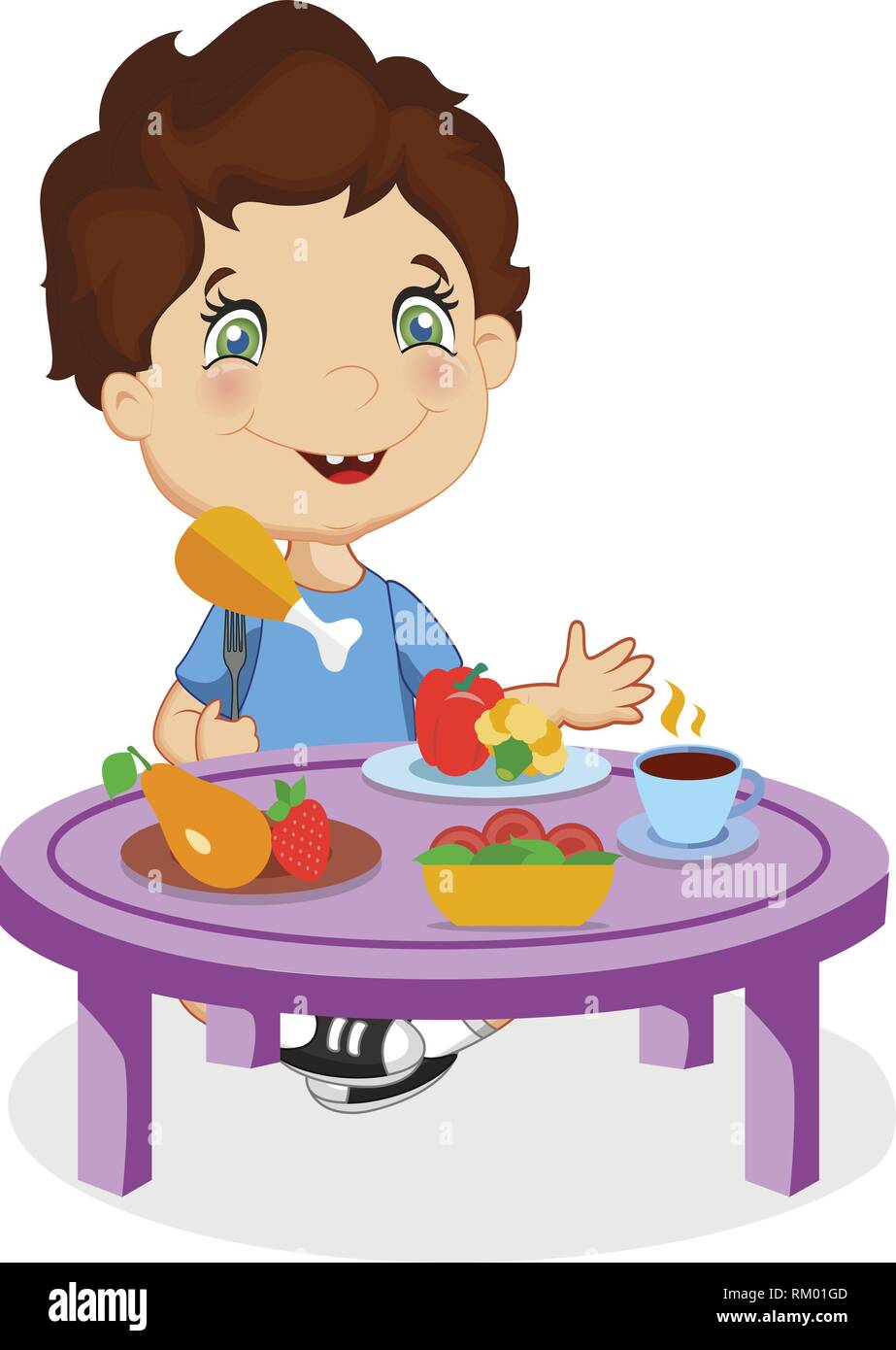 Funny Smiling Cartoon Boy with Brown Hair and Blue Eyes Eating Chiken Sitting at Table with Different Food as Vegetable, Fruit Isolated on White Backg Stock Vector