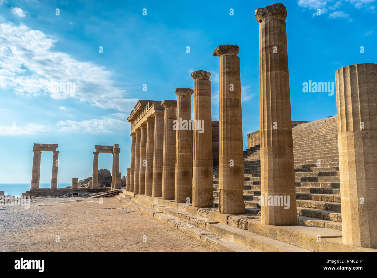 Antique pillars of a beautiful acropolis of Lindos on the island of