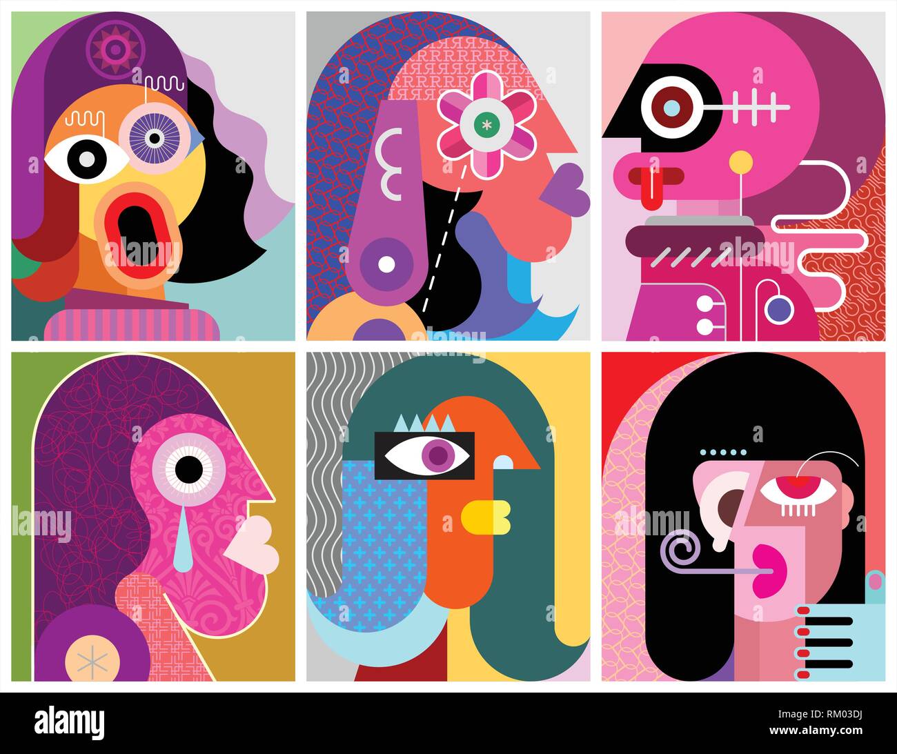 Six Portraits modern art vector illustration. Composition of six different abstract images of human face. Stock Vector