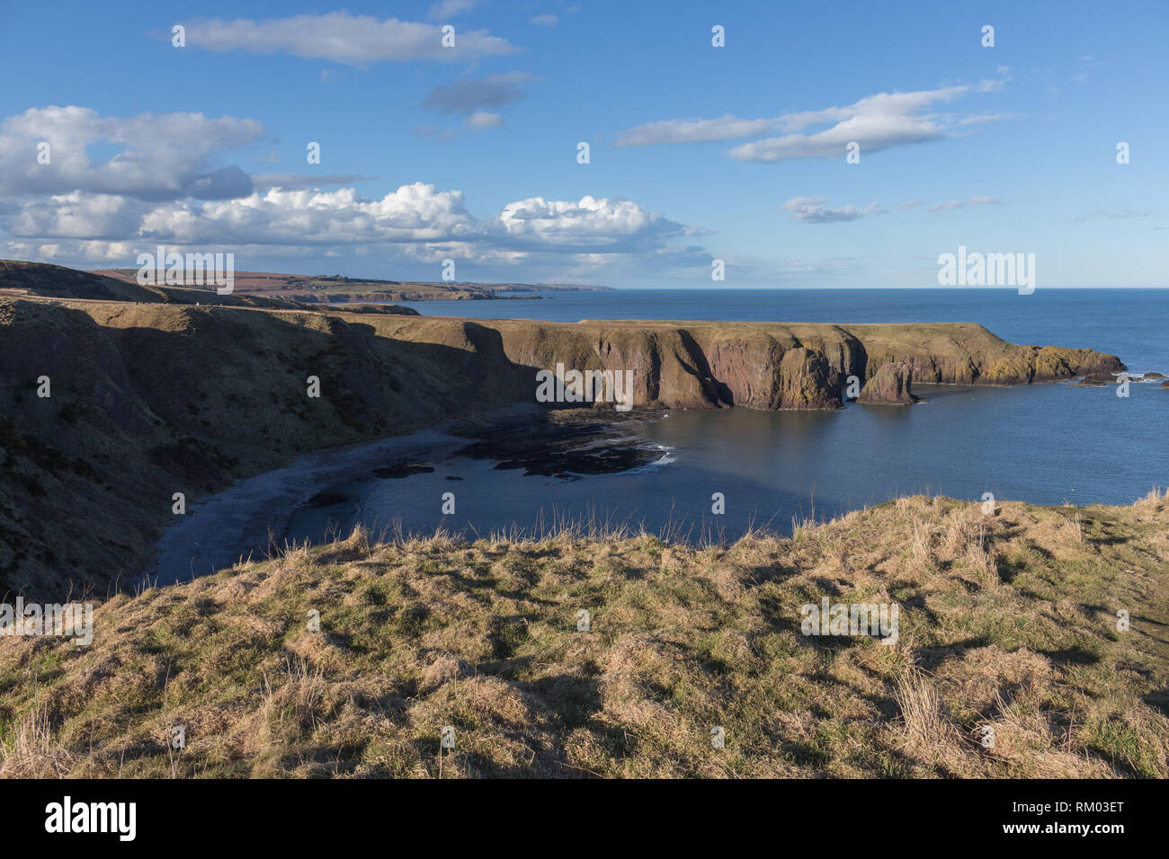 View North from the cliffs at Dunnottar castle, Stonehaven, Aberdeenshire, UK. Stock Photo