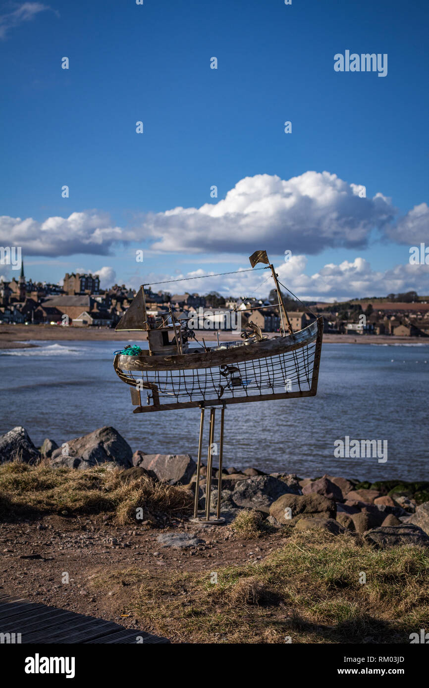 The Stonehaven Fishing Boat Sculpture along the beach front Stock Photo