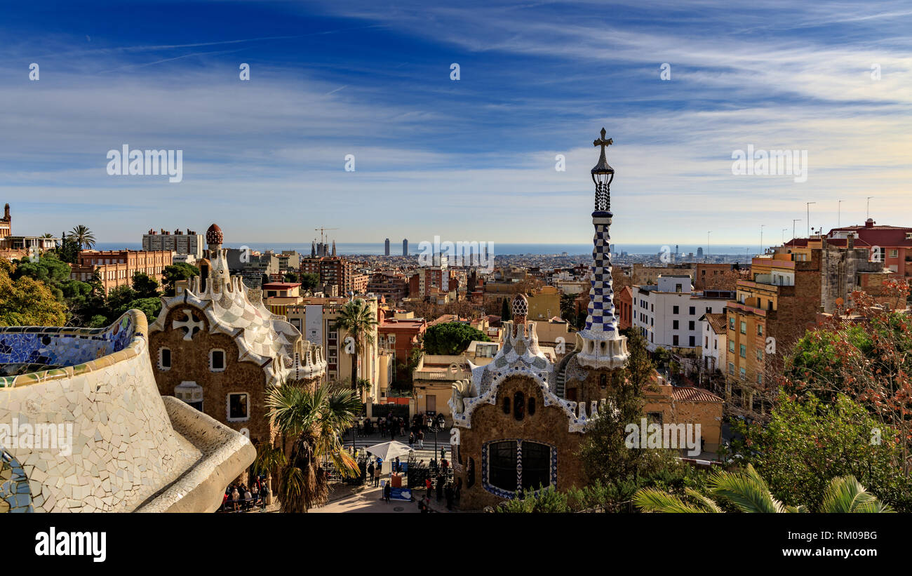 Barcelona skyline from Parc Guell, Antoni Gaudi famous view looking down across Barcelona to the sea and the beach. Capturing the essence of Barcelona - Stock Image