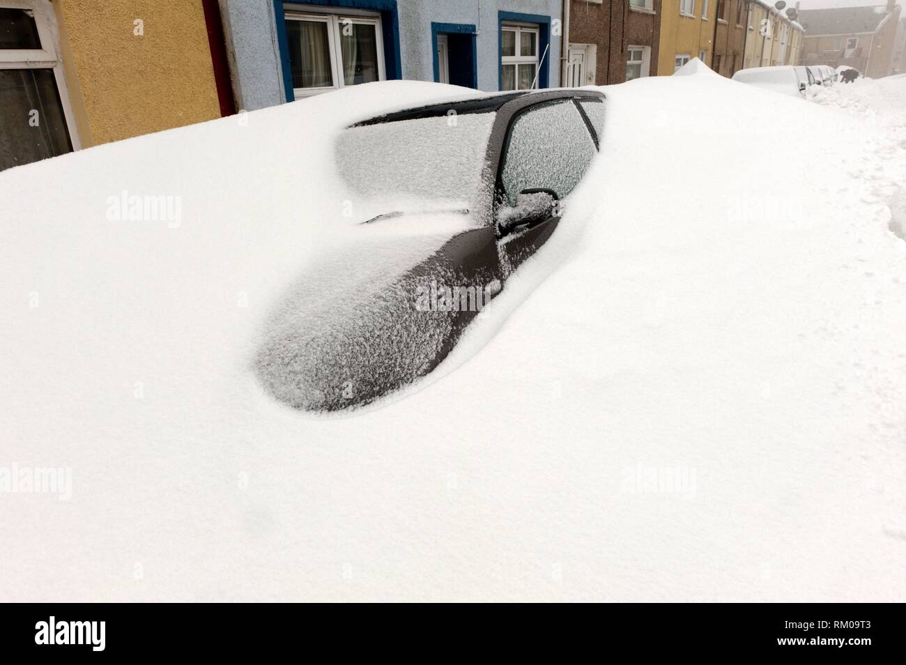 A blizzard hits the town of Brynmawr in Blaenau Gwent, Wales, UK in early March 2018. Stock Photo