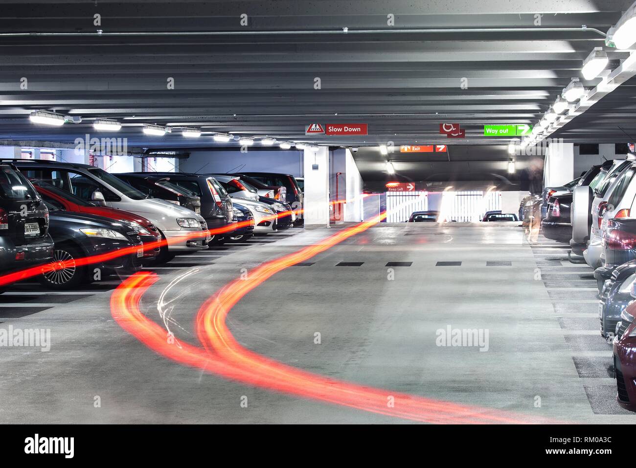 Light trails in the interior of QPark Eyre Square car park, Galway, Co