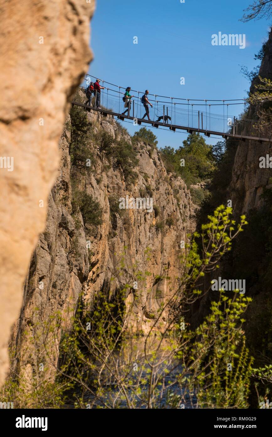 suspension bridge of the Turia river, Chulilla, Valencia Spain Stock