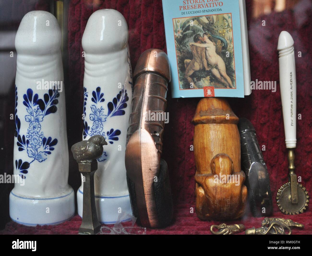 Turin, Italy: vintage dildos from the window of an antique shop specialized in old erotic goods Stock Photo